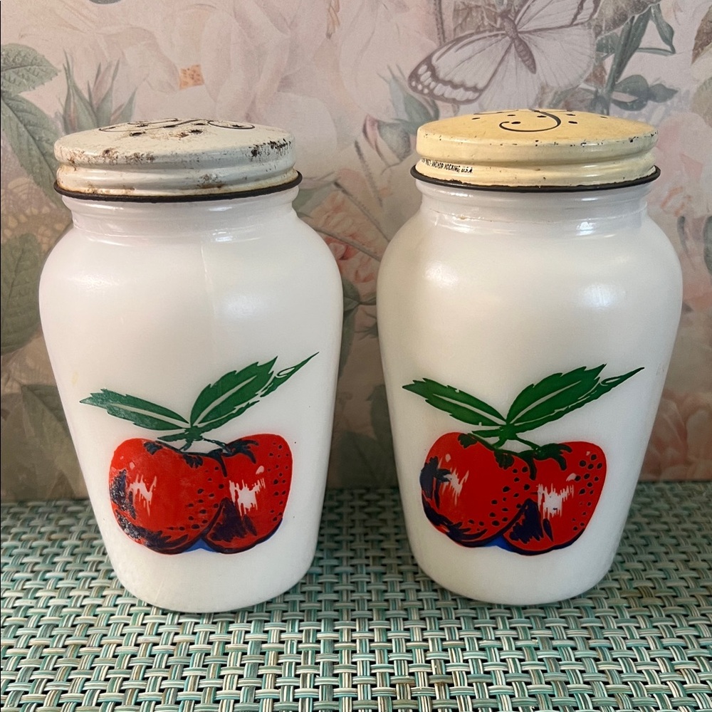 Fire King White Milk Glass Shakers with Red Apple Motif